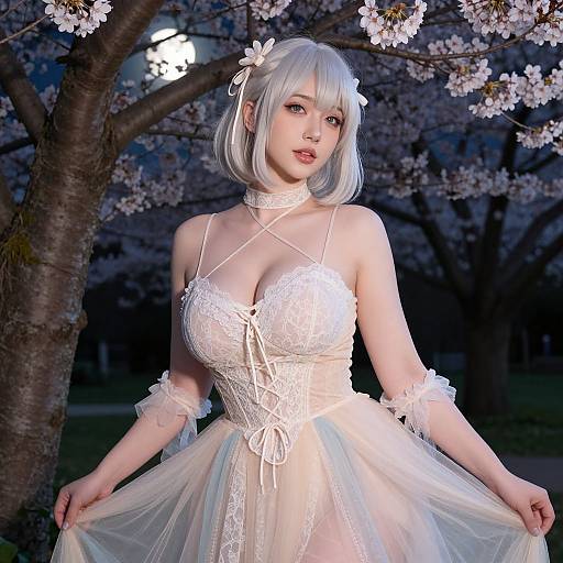 Photograph of a pale-skinned woman with white bob hair in a delicate, white lace and tulle dress, standing under cherry blossoms at night