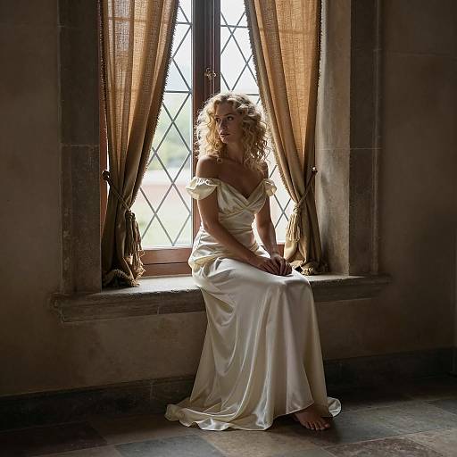 Elegant Woman by Window in Silk Gown