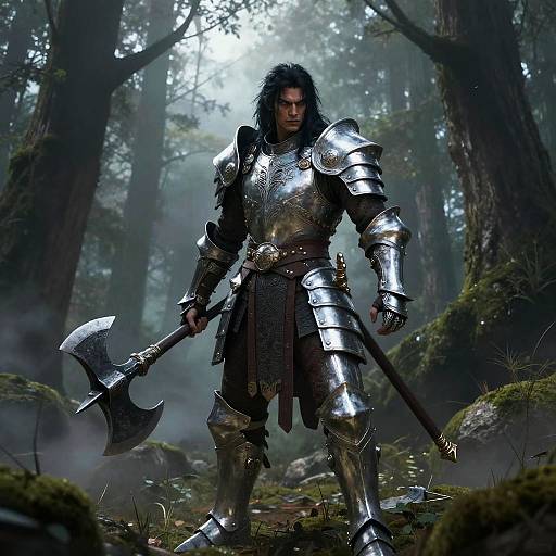 Photorealistic digital art of a muscular Viking warrior with long black hair, wearing silver armor and holding a double-headed axe, standing in a misty