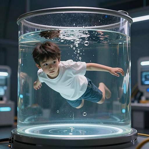Photograph of a young boy with short black hair, wearing a white shirt and blue shorts, floating underwater in a transparent cylindrical tank, surrounded by bubbles