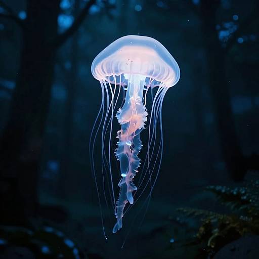 Photograph of a glowing blue and white jellyfish with delicate, trailing tentacles floating in a dark, mysterious ocean.