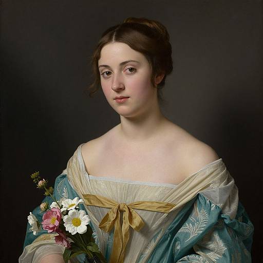 Photograph-style painting of a fair-skinned young woman with brown hair in an updo, wearing an off-shoulder blue and cream dress,