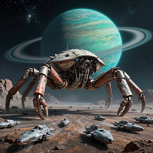 Digital artwork of a giant, mechanical spider with rusty joints, towering over a desolate planetary landscape with small flying spacecraft, against a backdrop of a massive