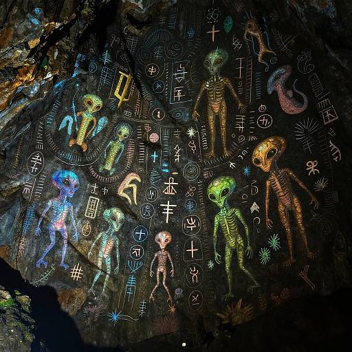 Glowing Alien Cave with Ancient Art