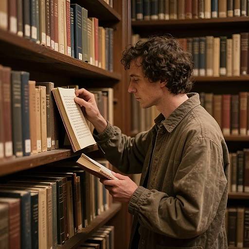 Photograph of a curly-haired man in a brown jacket, reading a book from a wooden bookshelf filled with colorful, leather-bound volumes in a dim