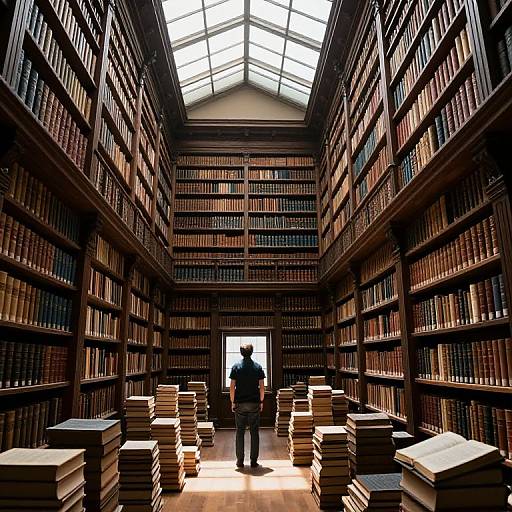 Photograph of a grand, dimly lit library with tall wooden bookshelves, stacks of books, and a solitary figure standing at the far end