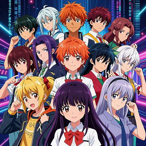 Anime-style digital illustration of a diverse group of 12 characters with varied hair colors and school uniforms, standing in front of a neon-lit, futuristic