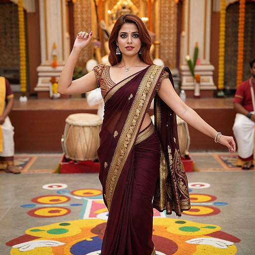Indian woman with brown skin, wearing a maroon and gold saree, dancing in a colorful temple-like setting, with drum and altar background. Phot