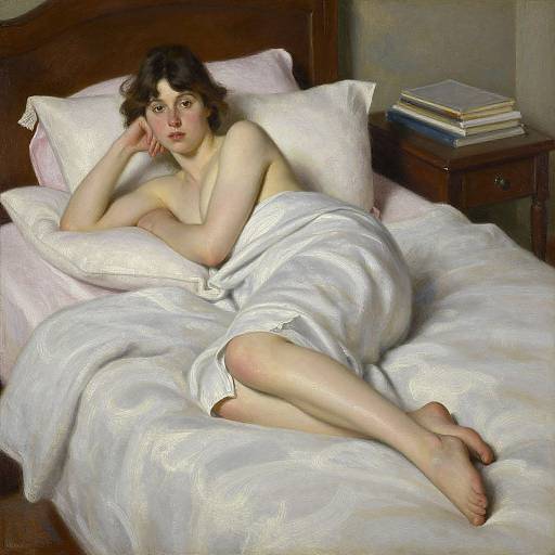 Photorealistic painting of a pale-skinned, dark-haired woman with a delicate face, lying naked under white sheets on a wooden bed, with a