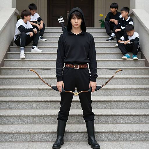Photograph of a young Asian boy in black medieval-style outfit, holding a bow, standing on stone stairs with four other boys in similar black and white
