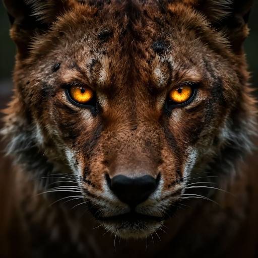 Close-up photograph of a fierce, intense-eyed, brown-furred lynx with glowing orange eyes, detailed fur texture, and dark background.