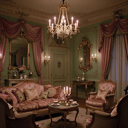 Luxurious Victorian-style living room with pink velvet sofas, ornate chandelier, gold mirrors, purple drapes, and candlelit table centerpiece.