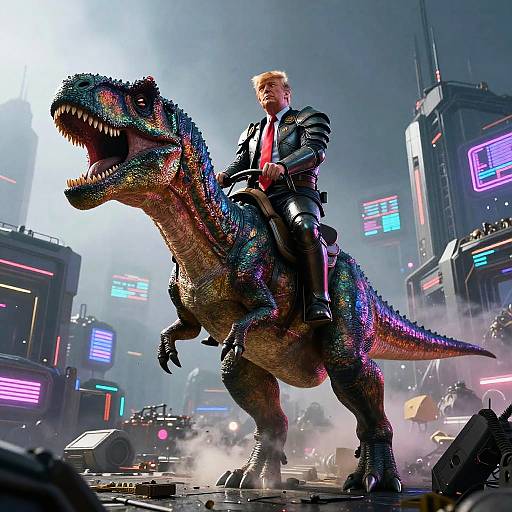 Digital art: A man in a black suit, red tie, and sunglasses rides a colorful, glowing, and fierce dinosaur in a neon-lit,