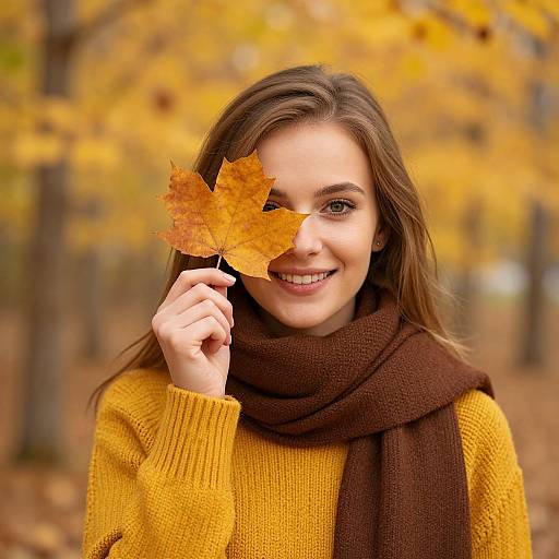 Photograph of a smiling young woman with brown hair, holding an autumn leaf in front of her eye, wearing a yellow sweater and brown scarf, in