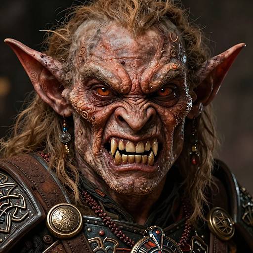 Photorealistic CGI of a fierce, wrinkled, orcish warrior with long, dirty blond hair, large ears, glowing orange eyes, and b