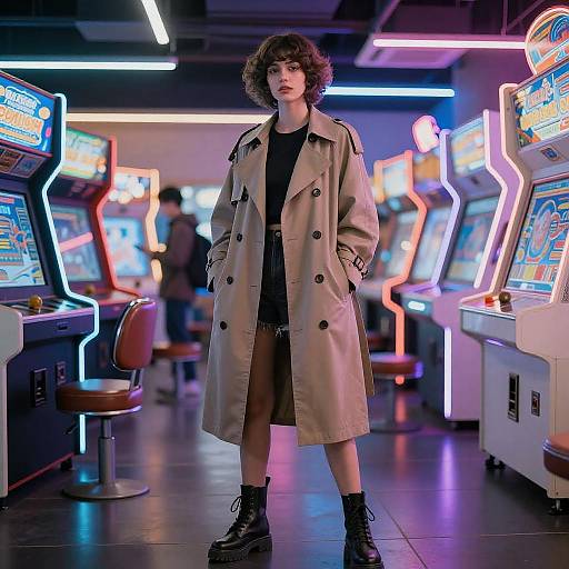 Woman in Trench Coat and Combat Boots in Neon Arcade