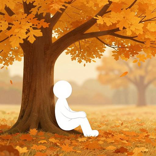Silhouette of a person sitting under an orange autumn tree, surrounded by fallen leaves and a blurred, sunlit forest background.