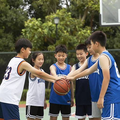 Joyful Kids Basketball Teamwork Outdoors
