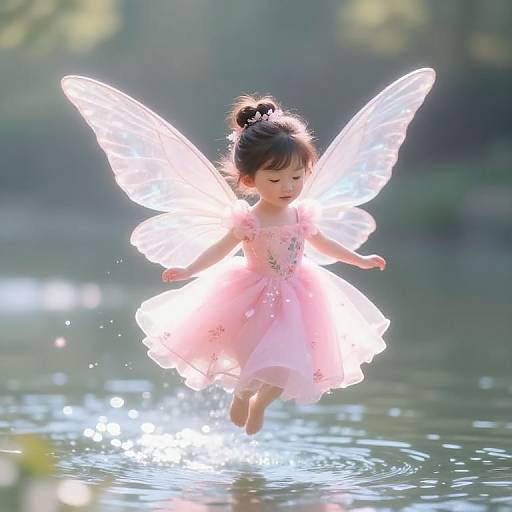Photograph of a young Asian girl with dark hair in a bun, wearing a pink fairy dress and glowing transparent wings, jumping over a reflective pond.