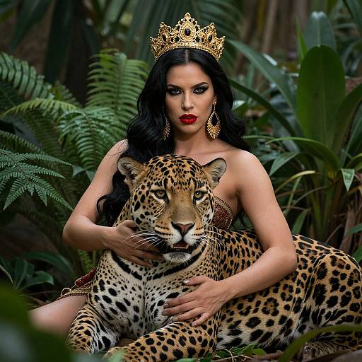 Photograph of a dark-haired woman with red lipstick, golden crown, and gold earrings, cradling a leopard in a lush jungle.
