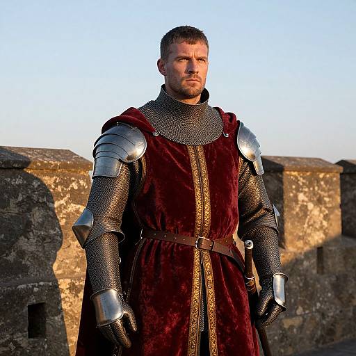 Photograph of a muscular, fair-skinned, bearded man in medieval armor with a red velvet tunic, standing against a stone wall at sunset