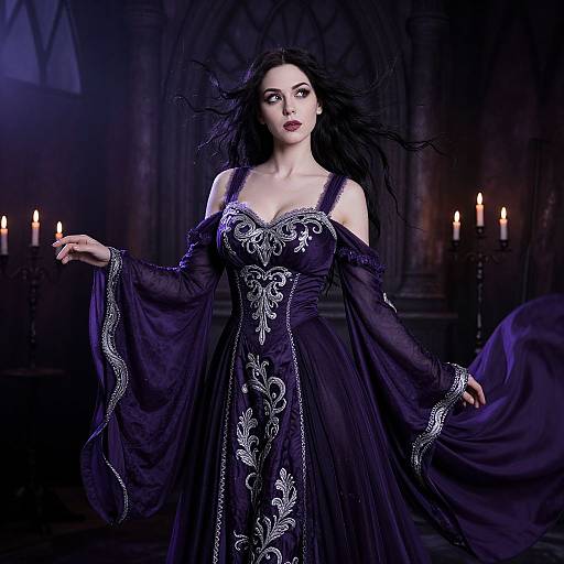 Digital art of a pale, dark-haired woman with red lipstick in a black, ornate gown, surrounded by candles in a gothic church.