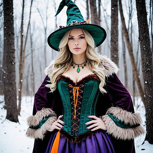 Winter Witch Costume in Snowy Forest