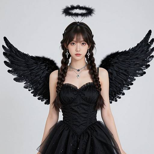 Digital artwork of an East Asian woman with black braided hair, black angel wings, halo, and strapless black gown, wearing a necklace, against