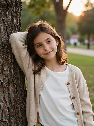 9-Year-Old Girl Leaning on Tree