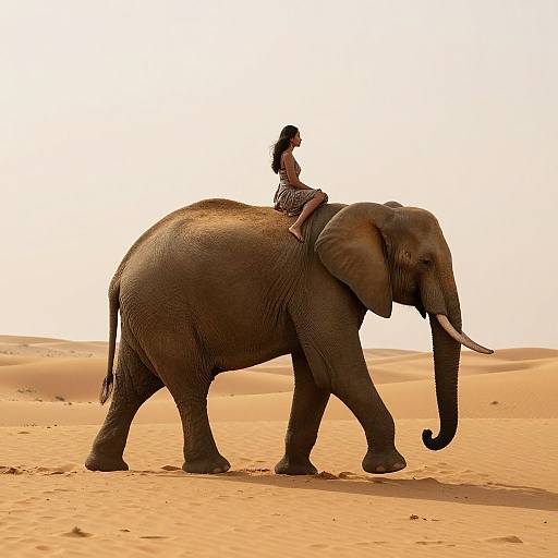Photograph of a woman with dark hair and patterned dress riding a large, gray elephant in a vast, orange desert.