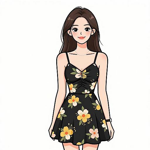 Digital anime-style drawing of a smiling young woman with long brown hair, wearing a black floral dress with yellow and white flowers.