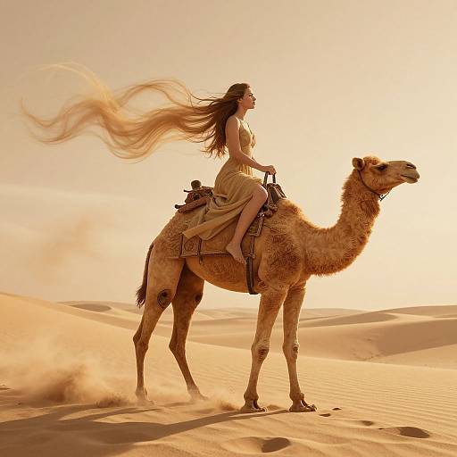 Photograph of a long-haired woman in a flowing dress riding a camel through golden sand dunes at sunset, with her hair flowing dramatically in the wind