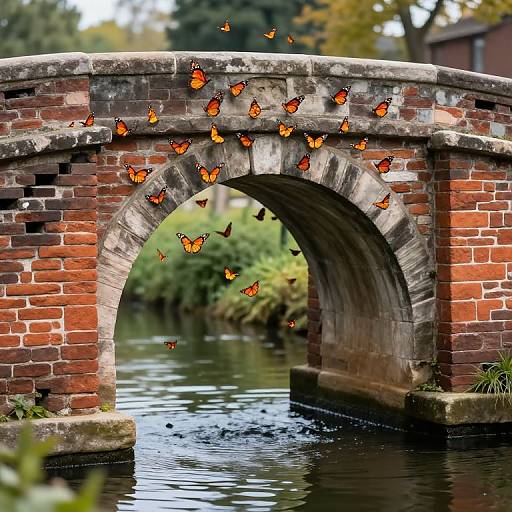 Photograph of a red brick arch bridge with vibrant orange butterflies flying across, spanning a calm river with greenery in the background.