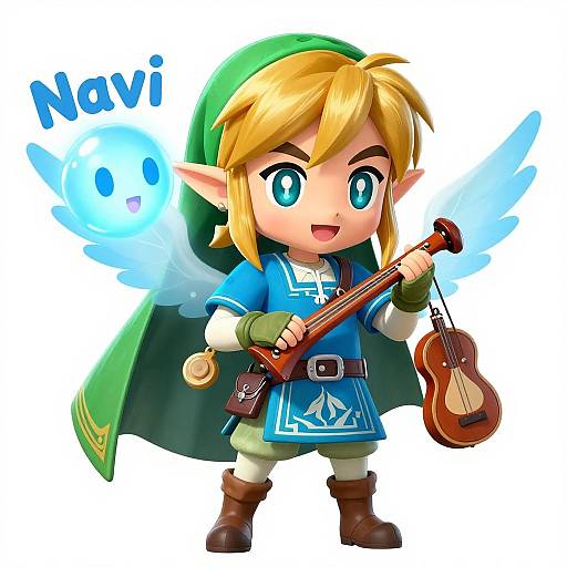 Chibi-style digital drawing of Link from The Legend of Zelda, playing a lute, with a green hat, blue tunic, and 