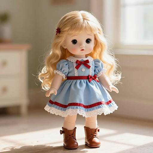 Photograph of a blonde doll with blue dress, red ribbon, white lace trim, brown boots, standing in sunlit room.