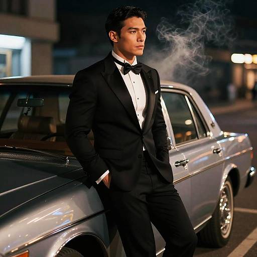 Photograph of a handsome man in a black tuxedo with a bow tie, standing by a silver classic car at night, with smoke curling