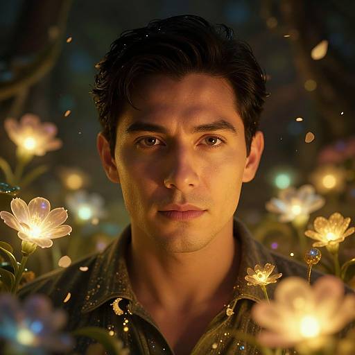 Photograph of a handsome, dark-haired man with a serious expression, illuminated by glowing white flowers in a dark, enchanted forest.