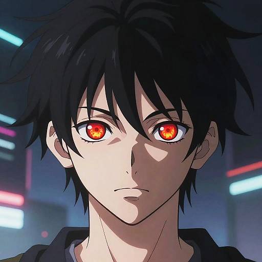 Fiery-Eyed Anime Boy in Futuristic City