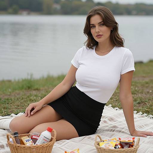 Photograph of a brunette woman with wavy hair, white t-shirt, black shorts, sitting on a picnic blanket by a lake, with baskets of