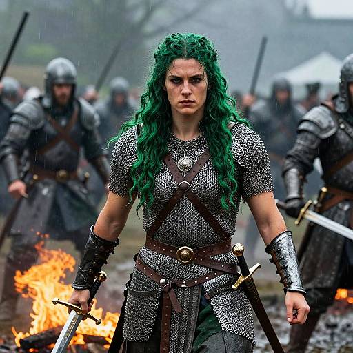 Photograph-style CGI of a fierce female warrior with green curly hair, wearing chainmail armor, holding a sword, standing in a battlefield with burning fire