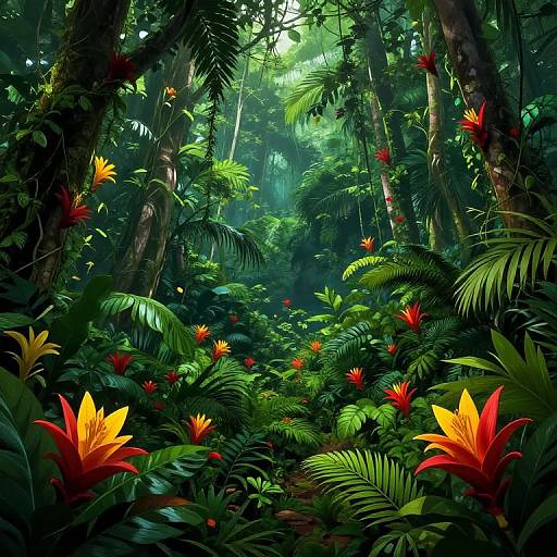 Vibrant digital illustration of a lush, dense jungle with bright yellow and red tropical flowers among rich green foliage and tall trees.