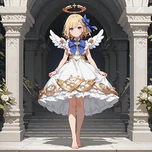 Anime-style digital illustration of a blonde, blue-eyed angel girl with white wings, halo, blue bow, and ornate white dress, standing in a