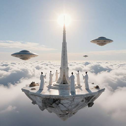 Photorealistic digital artwork of a white marble floating platform with nine robed figures, sunlight behind, surrounded by clouds, and two UFOs.