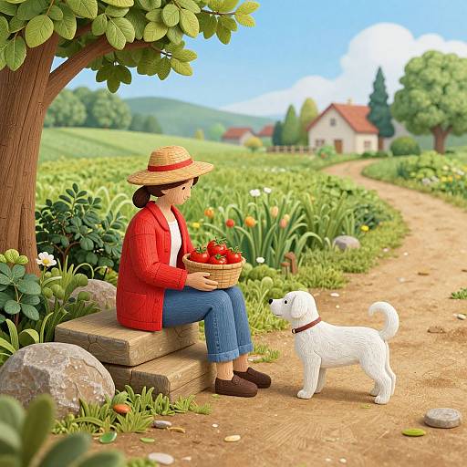Digital illustration of a woman in a red coat, straw hat, blue jeans, and brown boots, sitting on a bench, feeding a white dog,