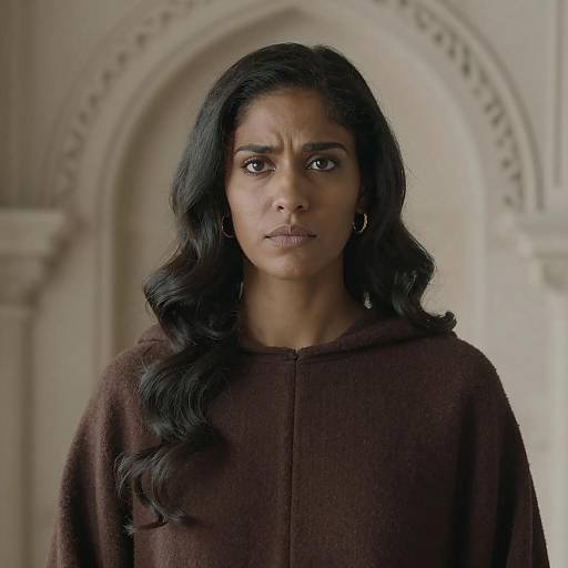 Serious Woman in Brown Robe with Wavy Hair