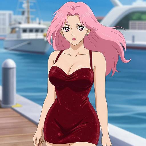 Digital anime-style drawing of a pink-haired woman with large breasts, wearing a tight, strapless red dress, walking on a sunny dock with a blurred
