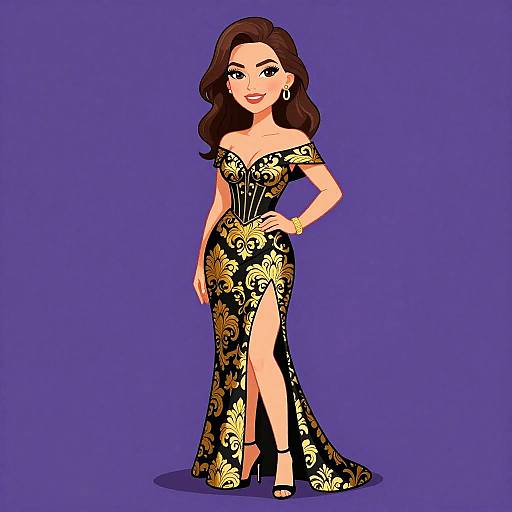 Digital illustration of a confident woman with wavy brown hair, wearing an off-shoulder, black floral gown with a high slit, gold accents,