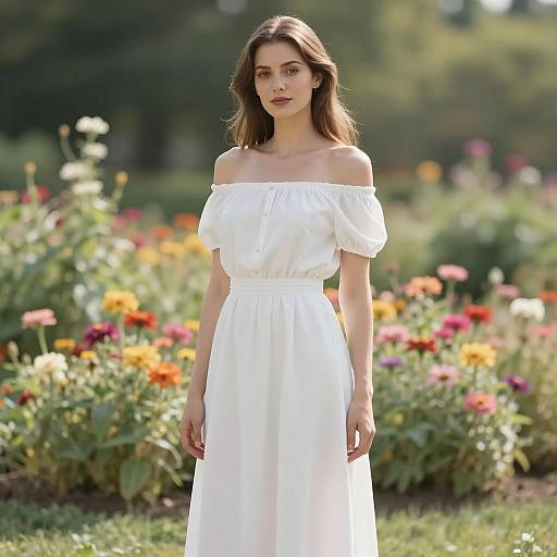 Woman in White Off-Shoulder Dress in Flower Garden