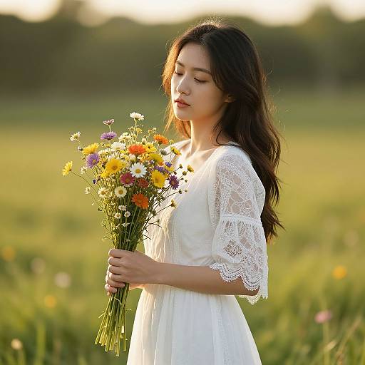 Photograph of a young Asian woman with long, dark hair in a white lace dress, holding a bouquet of colorful wildflowers in a sunlit me