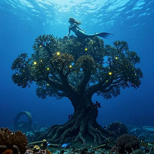 Underwater photograph of a mermaid with flowing hair and tail, perched on a glowing, enchanted tree with bioluminescent lights amidst a vibrant